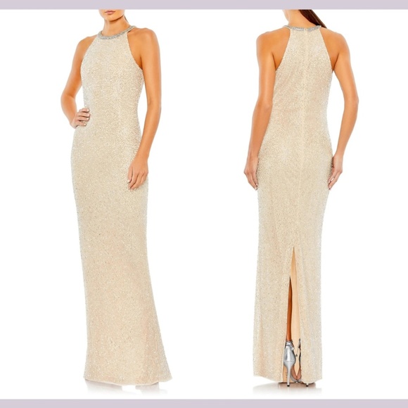 NWT $498 Mac Duggal [ 2 ] Bugle Bead Halter Body-Con Gown in‎ Nude Silver - Picture 1 of 15